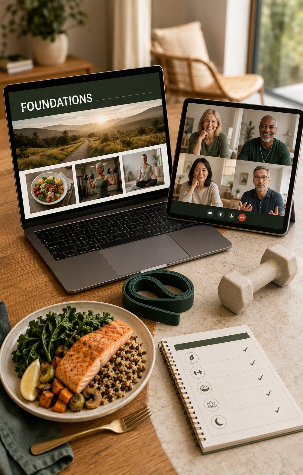 The Metabolic Defense Project membership: the Foundations course on a laptop, a live group coaching session on a tablet, a resistance band and dumbbell, a protein-forward meal, and a wellness tracker