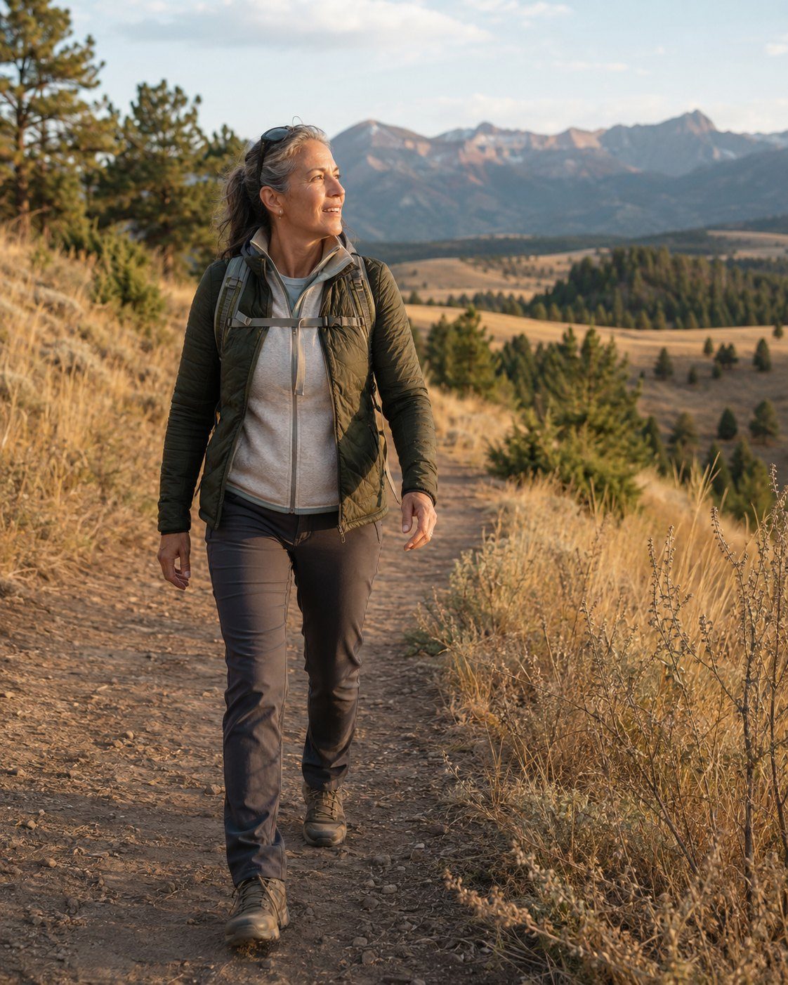 A woman hiking on a mountain trail
