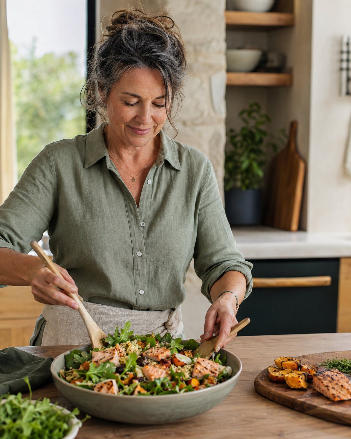 A woman preparing a protein-forward meal at home